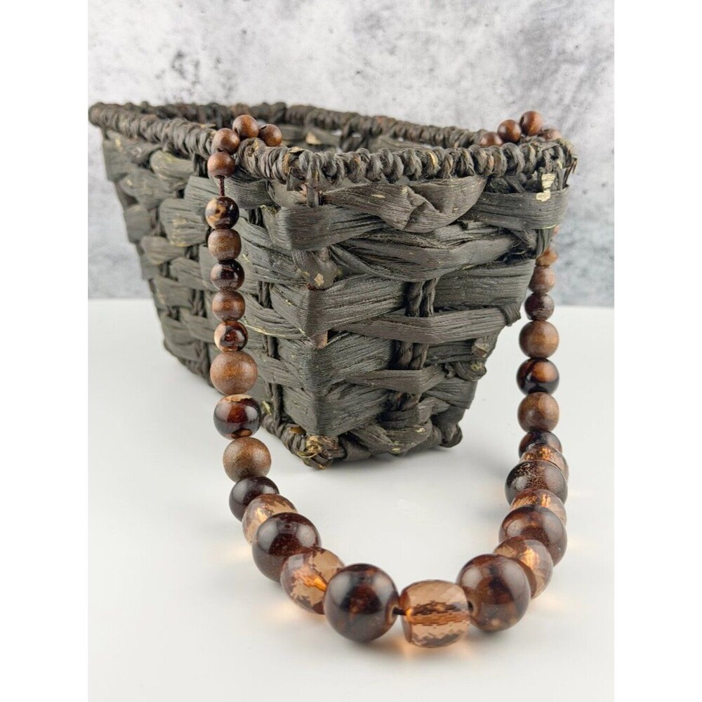 Vintage Boho Wood/ Amber Look Faceted Beaded Necklace - 24" + Extender